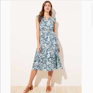 Loft shimmer floral ruffle sleeve flare dress